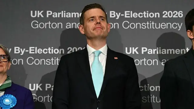 Reform UK's Matt Goodwin standing next to other candidates as the by-election results are read out.