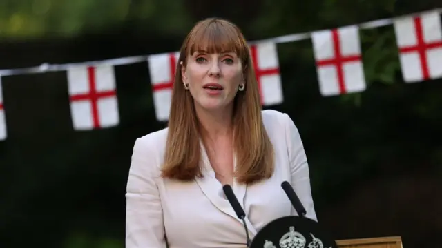 Rayner speaks at event in front of Georgian flag