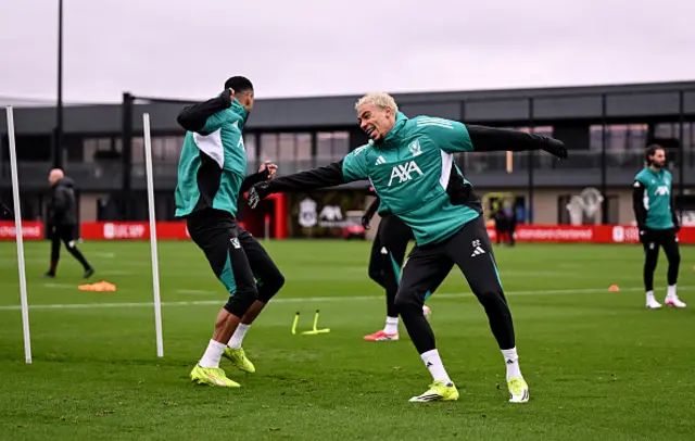 Hugo Ekitike and Cody Gakpo of Liverpool during a training session