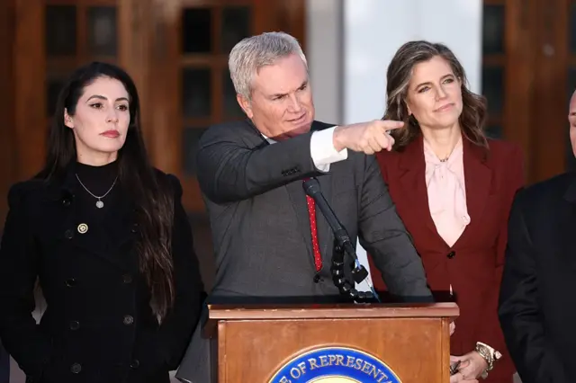 House Oversight Committee Chair James Comer points from behind a lectern