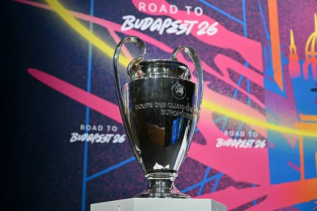 This photograph shows the UEFA Champions League Cup ahead of the 2025-2026 UEFA Champions League round of 16, quarter-final and semi-final draw at the House of European Football in Nyon