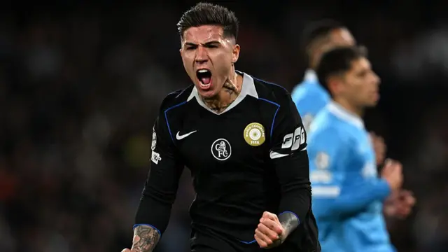 : Enzo Fernandez of Chelsea celebrates scoring his team's first goal from the penalty-spot