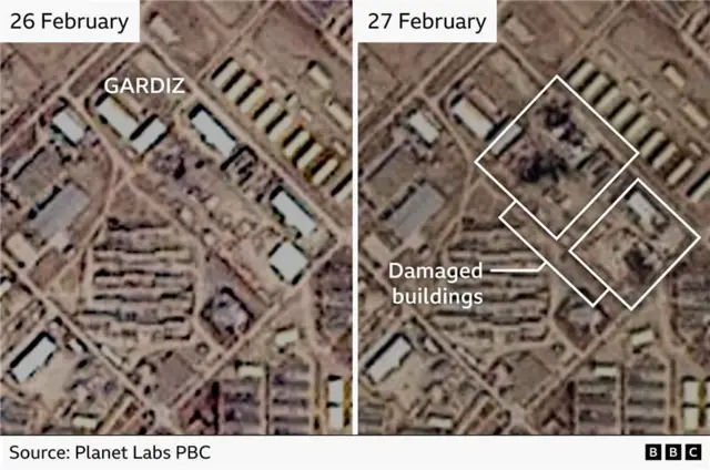 Scorch marks and damage seen to four buildings at a military base in Gadiz on satellite imagery