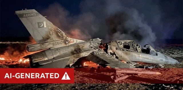 Picture of crashed F-16 jet surrounded by flames and smoke with AI-generated label on top