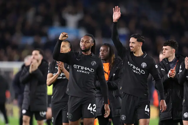 Antoine Semenyo and Tijjani Reijnders of Manchester City celebrate towards their support