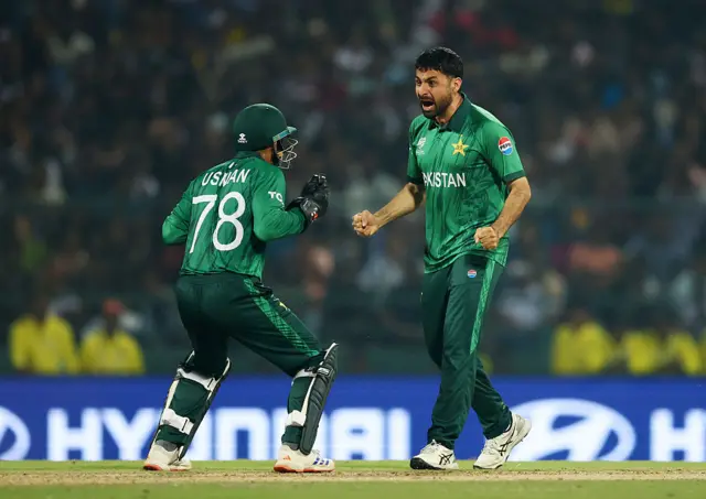 Abrar Ahmed of Pakistan celebrates the wicket of Kamindu Mendis of Sri Lanka which is later given not out on review during the ICC Men's T20 World Cup India & Sri Lanka 2026 Super 8 match between Sri Lanka and Pakistan at Pallekele Cricket Stadium