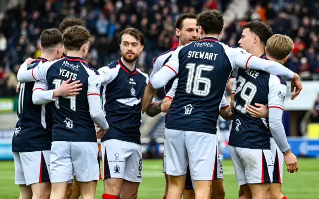 Falkirk's Dylan Tait (C) celebrates scoring to make it 2-0 with teammates Barney Stewart (R) and Liam Henderson during a William Hill Premiership match between Falkirk and Kilmarnock at the Falkirk Stadium,