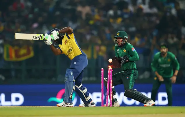 Janith Liyanage of Sri Lanka is bowled by Mohammad Nawaz of Pakistan during the ICC Men's T20 World Cup India & Sri Lanka 2026 Super 8 match between Sri Lanka and Pakistan at Pallekele Cricket Stadium