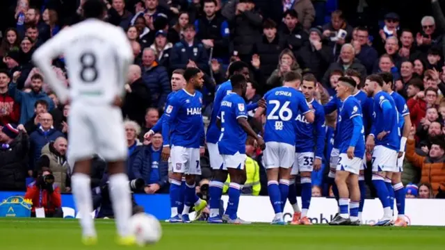 Ipswich players celebrate with goalscorer Anis Mehmeti