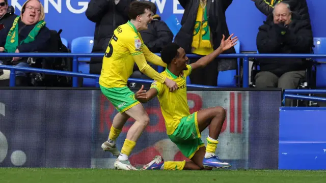 Ali Ahmed celebrates after scoring for Norwich at Leicester