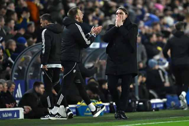 Daniel Farke, Manager of Leeds United, reacts on the sideline