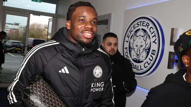 Leicester winger Stephy Mavididi arriving at the King Power Stadium