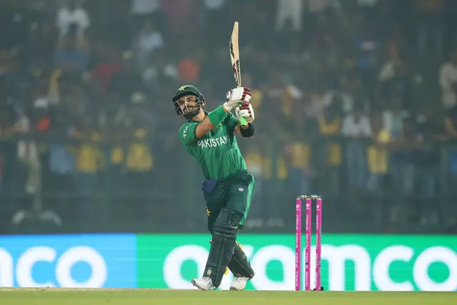 Sahibzada Farhan of Pakistan plays a shot during the ICC Men's T20 World Cup India & Sri Lanka 2026 Super 8 match between Sri Lanka and Pakistan at Pallekele Cricket Stadium