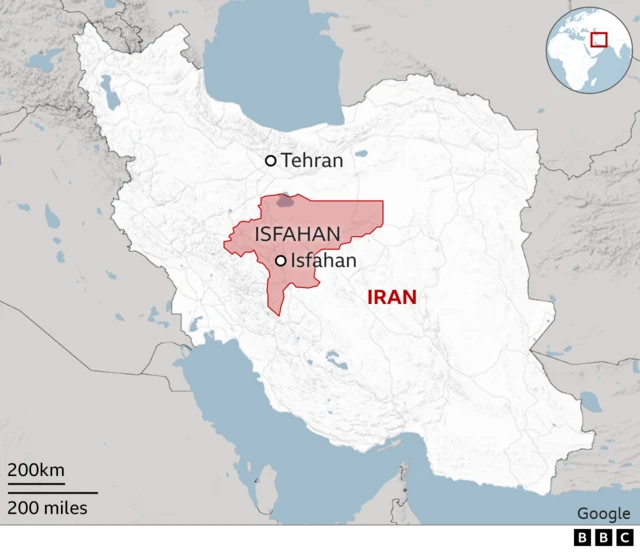 Map of Iran highlighting the province of Isfahan in the centre of the country, with the capital city of Isfahan also labelled. Tehran is also labelled to the north of Isfahan state.