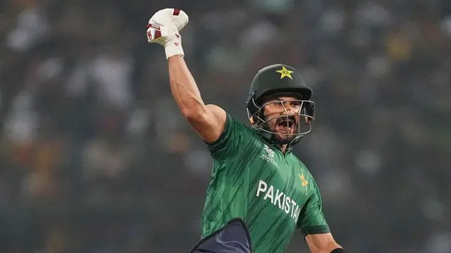 Sahibzada Farhan of Pakistan celebrates his century during the ICC Men's T20 World Cup India & Sri Lanka 2026 Super 8 match between Sri Lanka and Pakistan at Pallekele Cricket Stadium