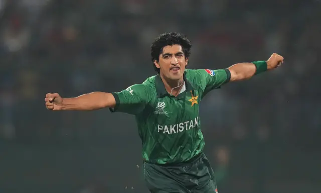 Naseem Shah celebrates the wicket of Pathum Nissanka