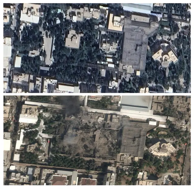Composite of satellite images showing before and after the airstrikes on the compound of Ayatollah Ali Khamenei in Tehran, Iran.