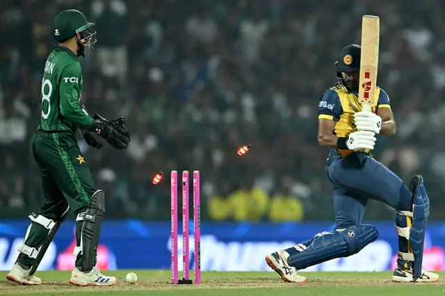 Sri Lanka's Kamindu Mendis is clean bowled during the 2026 ICC Men's T20 Cricket World Cup Super Eights match between Sri Lanka and Pakistan at Pallekele International Cricket Stadium in Kandy