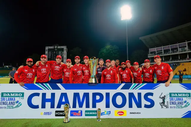 England players pose with the trophy for their T20 series win over Sri Lanka