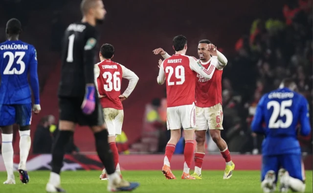 Arsenal's Kai Havertz (centre left) and Gabriel celebrate