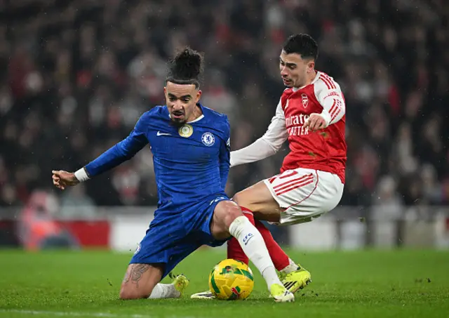 Gabriel Martinelli of Arsenal has his shot blocked by Malo Gusto
