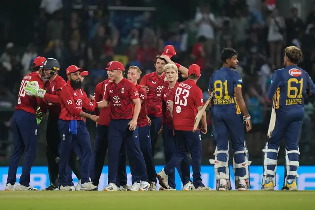 England players celebrates the win after the 3rd International T20 match between Sri Lanka and England at Pallekele Cricket Stadium on February 03, 2026 in Kandy, Sri Lanka.