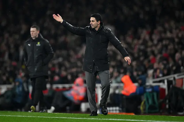 Mikel Arteta, Manager of Arsenal, reacts