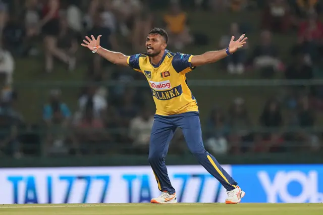 Dasun Shanaka of Sri Lanka appeals for leg before wicket (LBW) during the 3rd International T20 match between Sri Lanka and England at Pallekele Cricket Stadium on February 03, 2026 in Kandy, Sri Lanka.