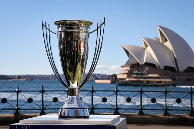 Asian Cup trophy in front of Sydney Opera House