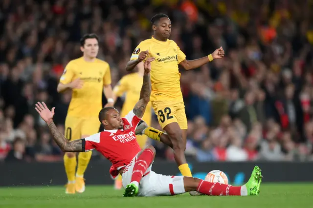 Mvuka challenges Arsenal's Gabriel while at Bodo/Glimt