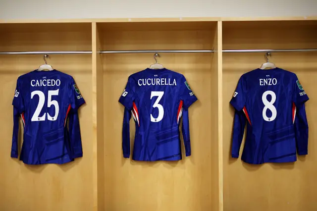 The shirts of Moises Caicedo, Marc Cucurella and Enzo Fernandez are displayed inside the Chelsea dressing room