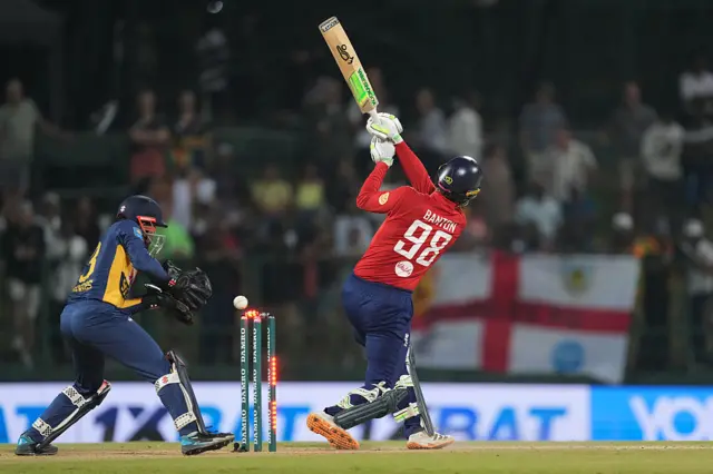 Tom Banton (R) of England bowled out during the 3rd International T20 match between Sri Lanka and England at Pallekele Cricket Stadium on February 03, 2026 in Kandy, Sri Lanka