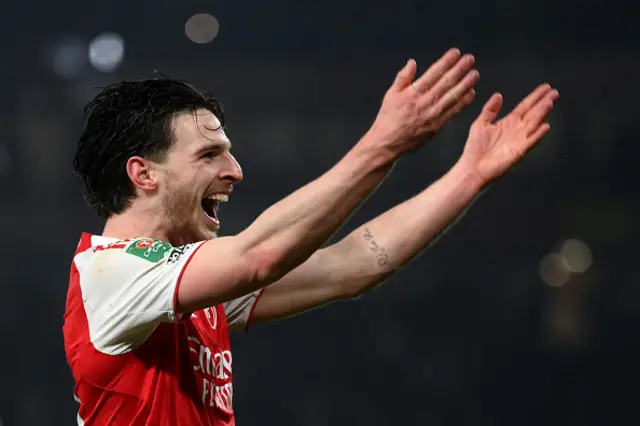 Declan Rice of Arsenal celebrates after teammate Kai Havertz