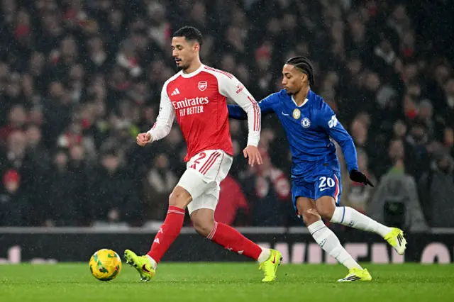 William Saliba of Arsenal on the ball whilst under pressure from Joao Pedro