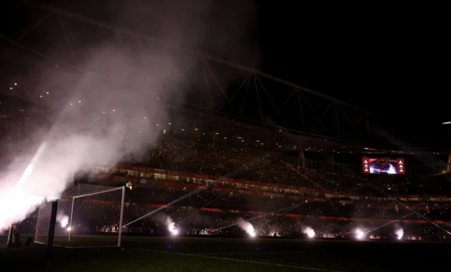 General view during a light show inside the stadium before the match