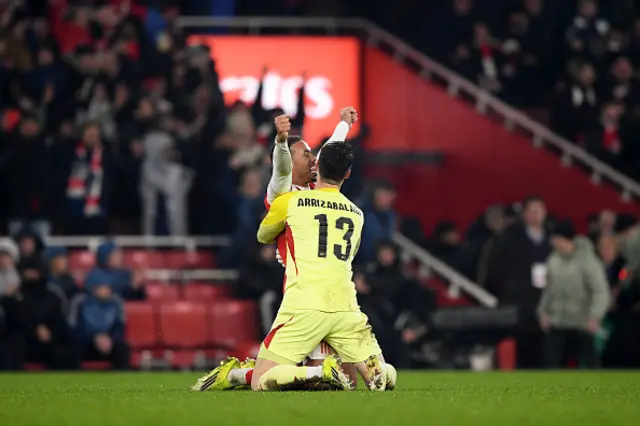 Gabriel and Kepa Arrizabalaga of Arsenal celebrate