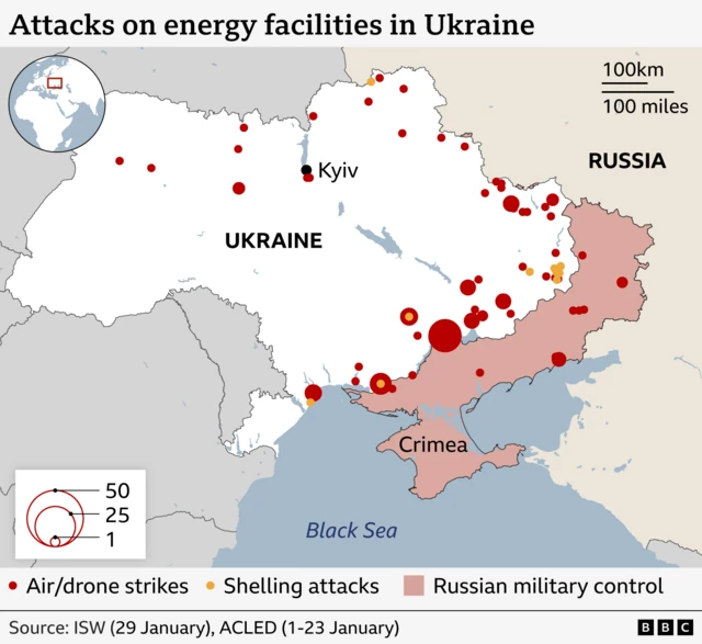 A map showing where there have been air and drone strikes and shelling of energy plants in Ukraine