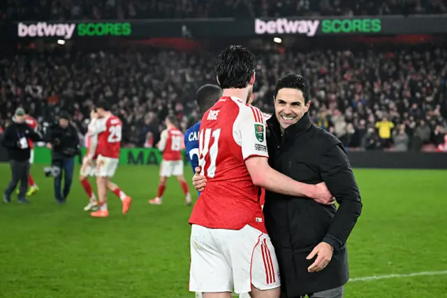 Mikel Arteta, Manager of Arsenal, hugs Declan Rice