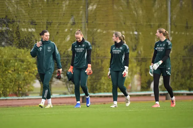 Arsenal women goalkeepers head out to warm up for training