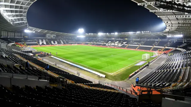 Hull City's MKM Stadium under the floodlights before kick-off against Watford
