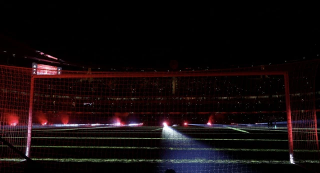 General view during a light show inside the stadium before the match