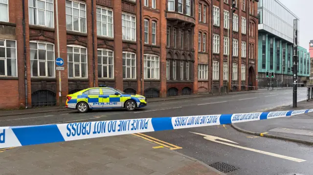 Police cordon near De Montfort University campus in Leicester