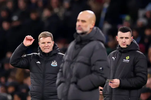 Eddie Howe, Manager of Newcastle United, reacts during the Carabao Cup Semi Final Second Leg match between Manchester City and Newcastle United at Etihad Stadium on February 04, 2026 in Manchester, England.