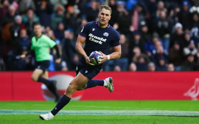 Scotland's Duhan van der Merwe scores the fourth try during a Quilter Nations Series match between Scotland and Tonga at Scottish Gas Murrayfield, on November 23, 2025, in Edinburgh, Scotland