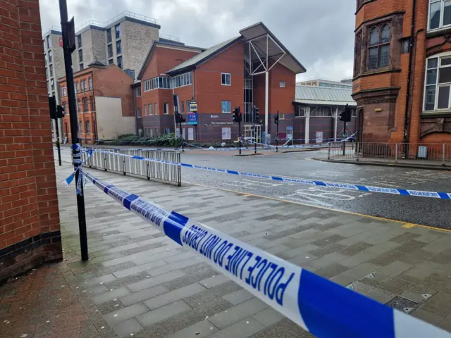 Police cordon outside De Montfort University