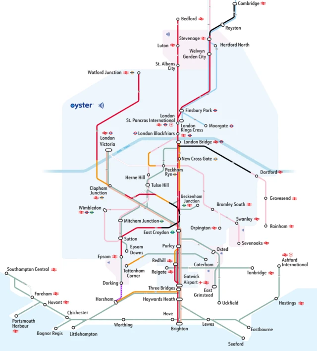 A train route map from Brighton up to Bedford with multiple red lines signalling a delay