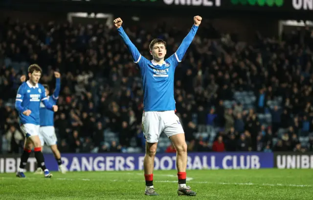 Mikey Moore celebrates making it 5-1 for Rangers