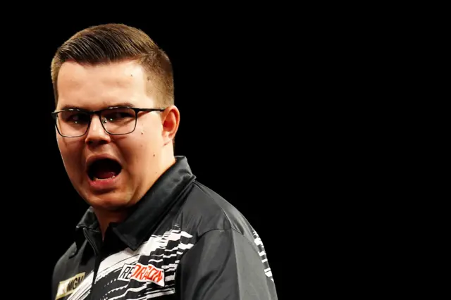 Netherlands' Gian van Veen celebrates during his match against England's Luke Littler during the BetMGM Premier League Darts at the Utilita Arena, Newcastle upon Tyne