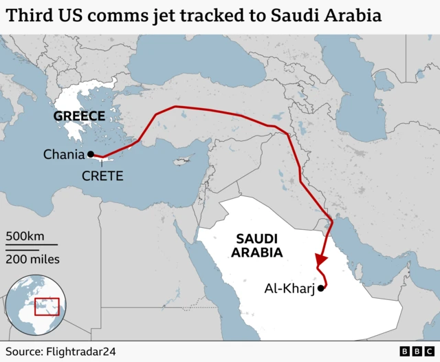 Flightradar24 data shows the aircraft left Chania in Greece, flew over Turkey and Iraq before heading into Saudi Arabia