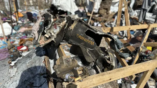 A fragment of what our experts say is a Hellfire missile photographed in the al-Mawasi camp for displaced people